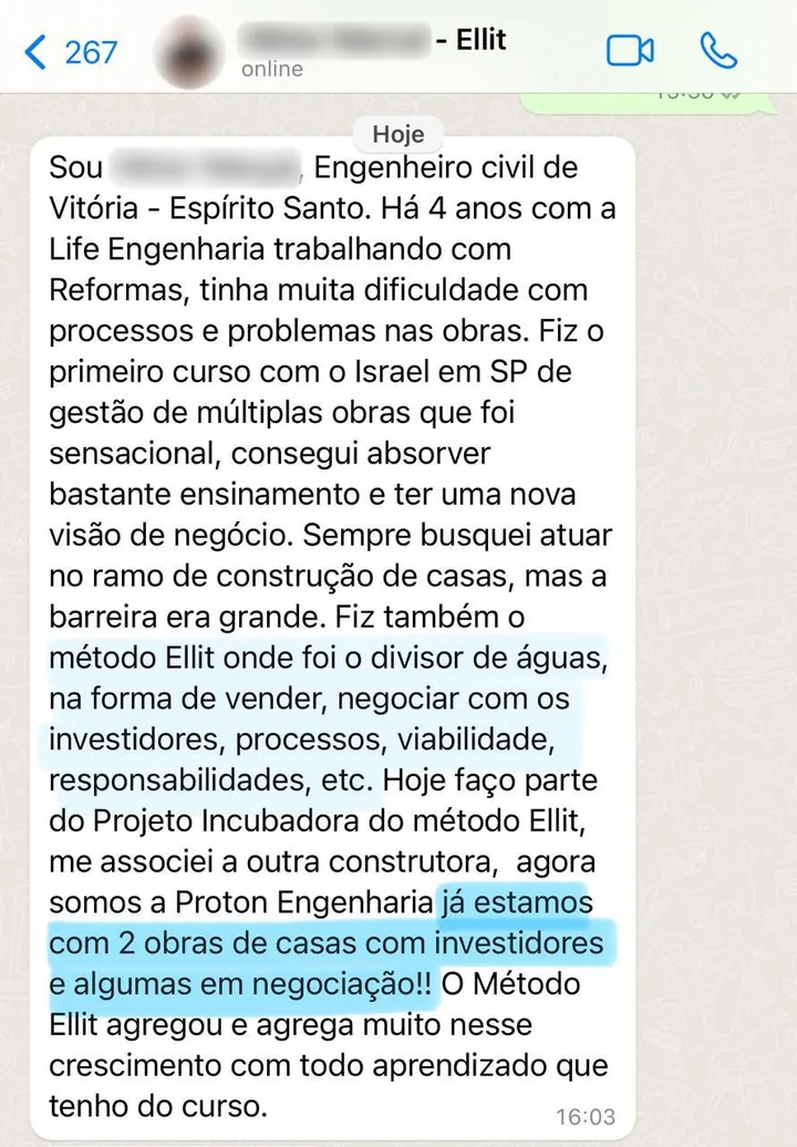 Print de WhatsApp de um aluno, engenheiro civil, contando que hoje está com 2 obras de casas com investidores e outras em negociação