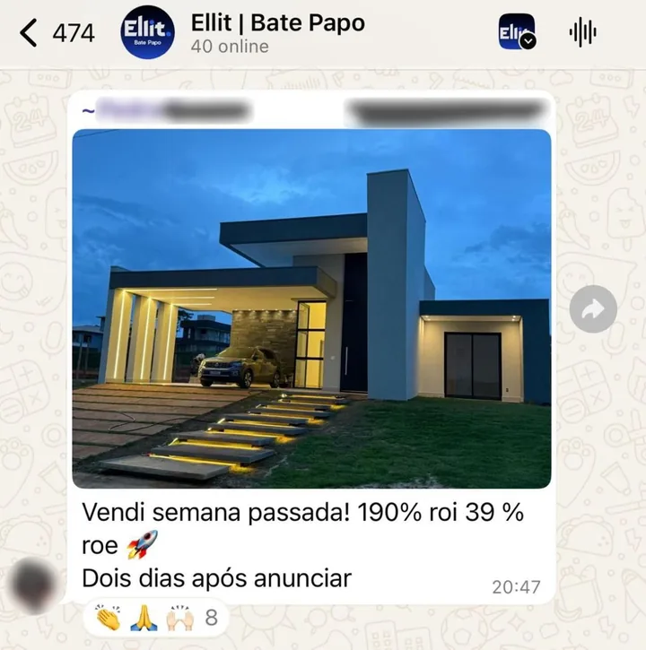Print do grupo de alunos com a foto de uma casa pronta, iluminada à noite, e a mensagem: vendi semana passada, 190% de ROI, 39% de ROE, dois dias após anunciar