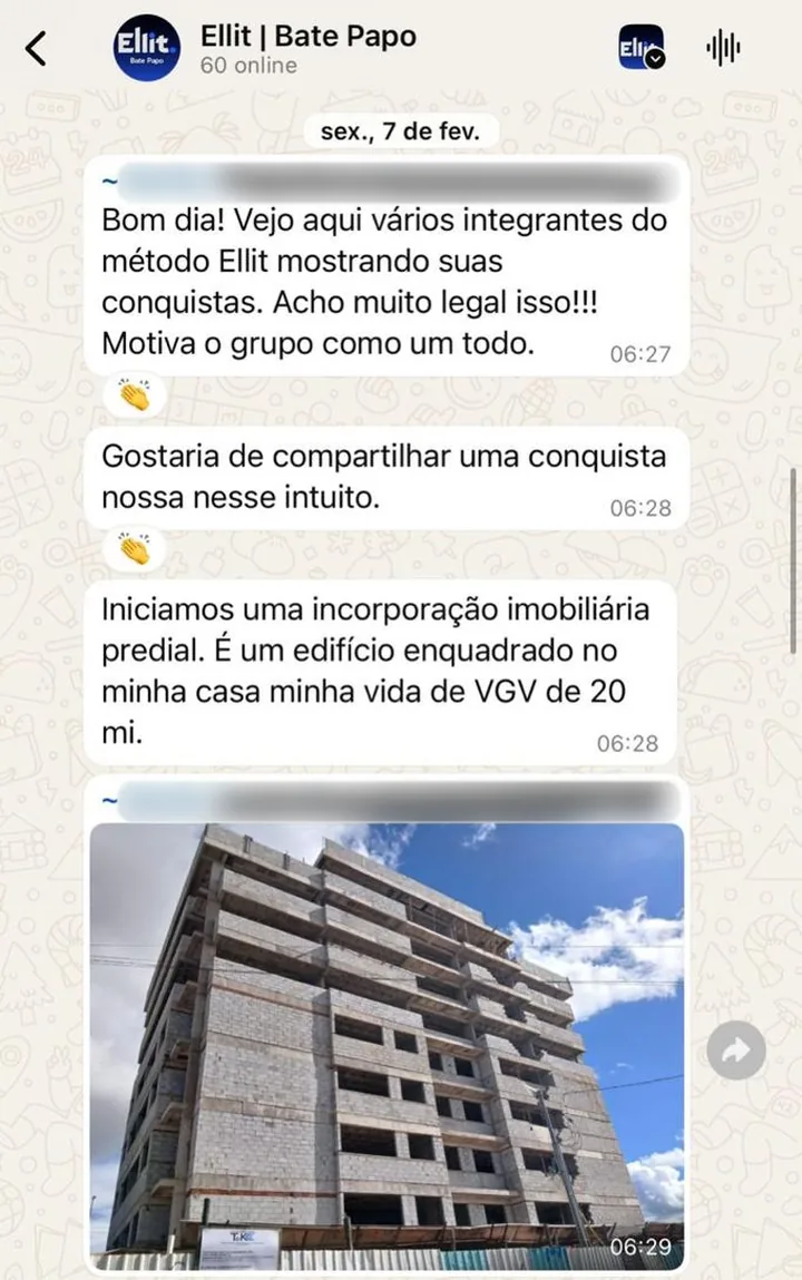Print do grupo de alunos com a foto de um prédio em construção e a mensagem sobre uma incorporação predial do Minha Casa Minha Vida com VGV de 20 milhões
