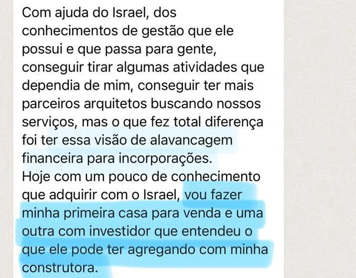 Segunda parte do print: com a visão de alavancagem financeira, ele vai fazer a primeira casa para venda e outra com investidor